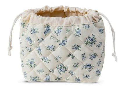 HAPPYHEIDI Large Floral Quilted Cotton Drawstring Makeup Bag Compartment Cosmetic Toiletry Accessory Travel Pouch Purse Organizer, Blue Gourd - color: KJM-Quilted Cotton Pouch with Compartment Set of 1-Blue Gourd