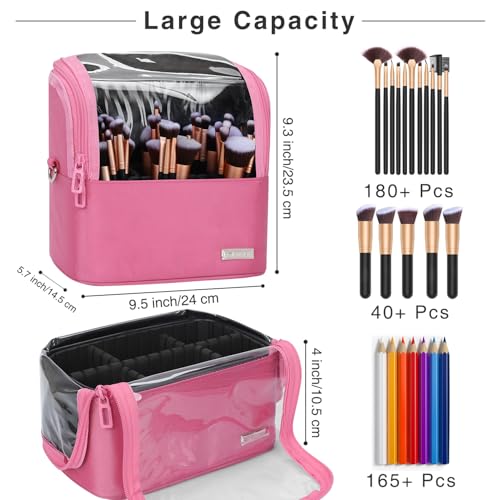 TANTO Makeup Brush Case Stand-up Makeup Cup Makeup Brush Holder Travel Professional Cosmetic Bag Artist Storage Bag Large Makeup Bag with Adjustable Divide (Rose Pink, 1-Large) - color: Rose Pink, size: 1-Large