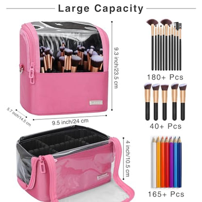 TANTO Makeup Brush Case Stand-up Makeup Cup Makeup Brush Holder Travel Professional Cosmetic Bag Artist Storage Bag Large Makeup Bag with Adjustable Divide (Rose Pink, 1-Large) - color: Rose Pink, size: 1-Large