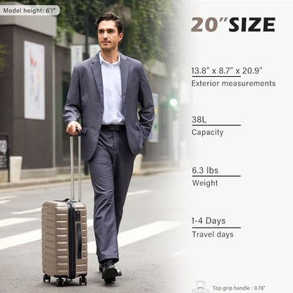 Coolife Carry On Luggage Airline Approved with Spinner Wheels, Hard Shell Suitcase TSA Lock Lightweight Travel Luggage 20-inch,Brown - color: brown, size: Small(20in)