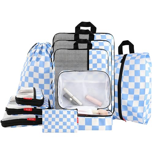 U+U 10 Set Compression Packing Cubes - Ultralight Travel Organizers with Laundry Bag and Cosmetic Bag, Space-Saving Suitcase Organizer for Travel, Business Trip and Family Vacation (Blue Checkered) - color: Blue Checkered, size: 10 Set