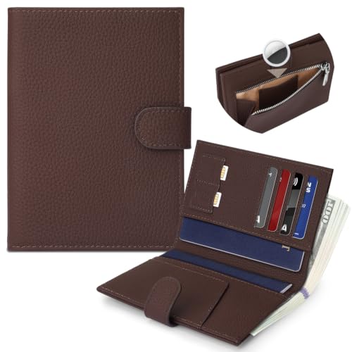 Genuine Leather Passport Holder for Women Men, Hidden Airtag Pocket, RFID Blocking, Zippered Coins Pocket & Cash Compartment Travel Gifts Essentials Passport Cover Case - Coffee - color: Coffee