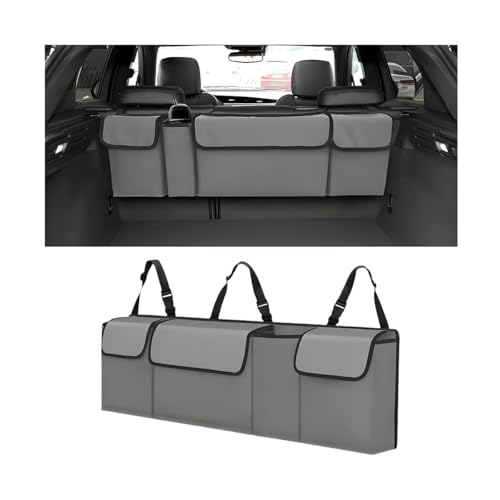 Car Trunk Organizer with Lid, Large Waterproof Vehicle Backseat Hanging Storage Bag with 4 Pockets & Adjustable Straps, Collapsible Automotive Interior Cargo Bag, Universal Fit (Grey) - color: Grey