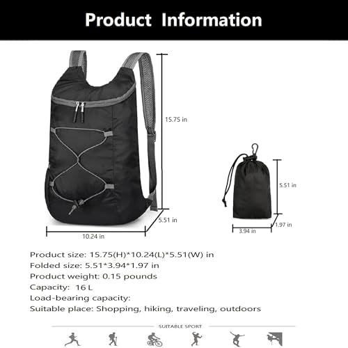 levayhill 16L Foldable Hiking Backpack,Small Packable Daypack, Black & Gray | Lightweight ,Outdoor Collapsible Rucksack,Ultralight Folding Back Pack, Water Repellent, Men Women Travel Gym, Easy Carry-on - color: Black&gray