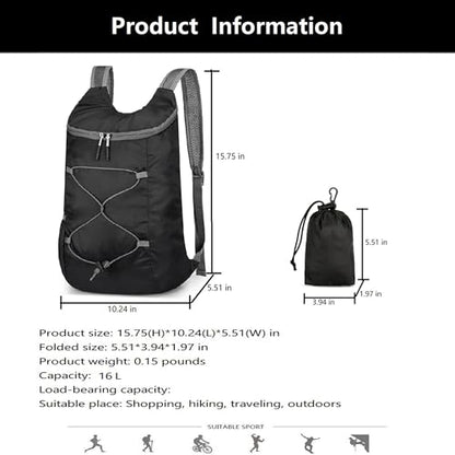 levayhill 16L Foldable Hiking Backpack,Small Packable Daypack, Black & Gray | Lightweight ,Outdoor Collapsible Rucksack,Ultralight Folding Back Pack, Water Repellent, Men Women Travel Gym, Easy Carry-on - color: Black&gray