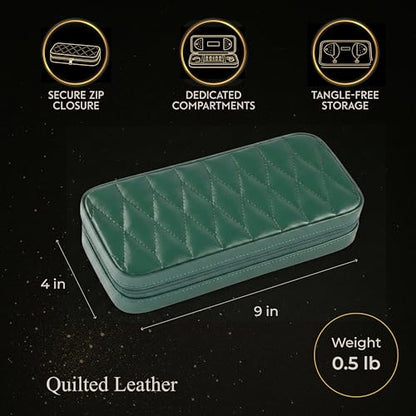 Bey-Berk Diamond-Quilted Leather Travel Jewelry Case, Green, 9" x 4" x 1.75" - color: Green