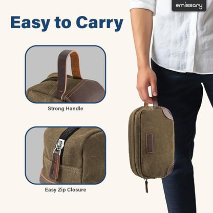 Emissary Men's Leather and Canvas Travel Toiletry Bag, Dopp Kit, Travel Bathroom Bag, Shaving Kit, Small Bags for Travel Accessories (Brown) - color: Brown