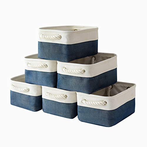 Storage Basket for Organizing - 12x8x5.2 inch Small 6 Pack Fabric Storage Bin Collapsible Baskets for Shelves with Rope, Storage Box for Cloth Decorative Laundry Canvas(White & Blue) - color: White&Blue, size: Small (Pack of 6)