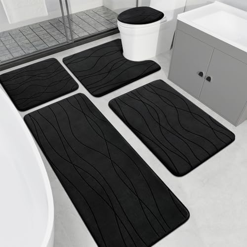 YIHOUSE Memory Foam Bathroom Rug Sets, Black, 5 Piece | Ultra Soft, Absorbent, Non-Slip, Machine Washable - color: Black, size: 1'8" x 3'10" (Rectangular)