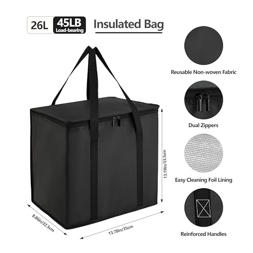 Reusable 6 Cup Drink Carrier with Handle and Insulated Food Delivery Bag, Portable Plastic Cup Caddy, 26L Grocery Cooler Box for Car Delivery, Travel, Picnic - color: Black