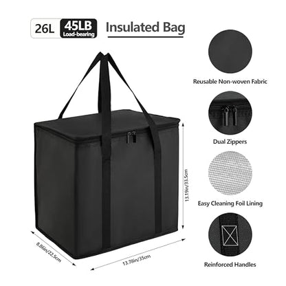 Reusable 6 Cup Drink Carrier with Handle and Insulated Food Delivery Bag, Portable Plastic Cup Caddy, 26L Grocery Cooler Box for Car Delivery, Travel, Picnic - color: Black