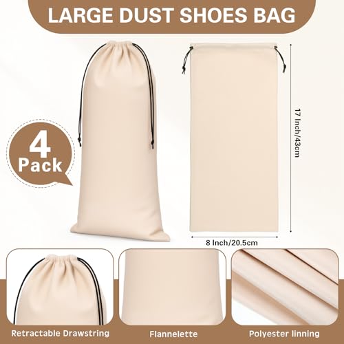 Amylove 4 Pcs Flannel Cloth Shoe Bags for Travel, 8 x 17 Inches Dust Pouch with Drawstring Closure, Washable Breathable Cotton Fabric for Luggage(Beige) - color: Beige