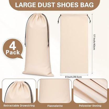 Amylove 4 Pcs Flannel Cloth Shoe Bags for Travel, 8 x 17 Inches Dust Pouch with Drawstring Closure, Washable Breathable Cotton Fabric for Luggage(Beige) - color: Beige