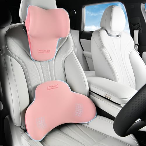 Coverado Lumbar Support and Headrest Pillow for Car, Memory Foam Ergonomic Head Neck Support Pillow for Driving Seat, Back Support and Pain Relief, Seat Cushion for Car, Driver, Office - color: Pink2, size: 2 Pieces