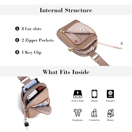 INICAT RFID Blocking Sling Bag, Anti Theft Crossbody Bag for Women Compact Travel Purses Leather - color: Khaki True