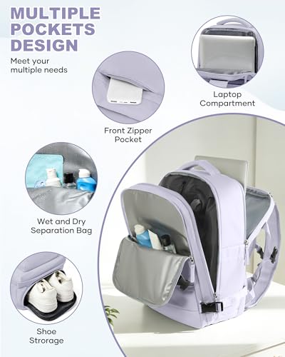 WONHOX Vacuum Travel Backpack Women,Carry On Backpack Flight Approved 18x14x8 inches Bag Spirit Airlines Personal ltem,College Sports Hiking Rucksack Laptop Blackpack mochila de viaje,TaroPurple - color: A23-taropurple