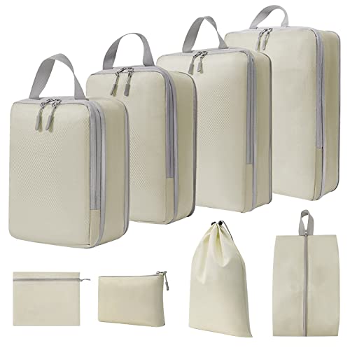 WOOMADA Compression Packing Cubes for Suitcases Travel Essentials 8 Set Expandable Travel Bags Organizer for Luggage(beige) - color: B-beige, size: 8 set