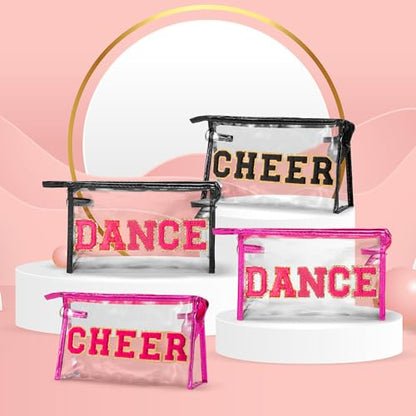 Y1tvei CHEER Clear Makeup Bag - Preppy Rose Red Cheer Chenille Patch Cosmetic Pouch Extra Large PVC Transparent Toiletry Carry Bag Portable Waterproof Travel Organizer Cheer Gift for Cheerleader - color: Rose red CHEER Rose Red