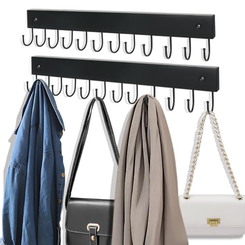 2 Pack Purse Organizer Wall Mount with 24 Rotating 180° Coat Rack, 14.6" Wooden Entryway Purse Holder, Wall Hooks for Hanging Belts, Ties, Keys, Scarf, Bras, Bag, Space Saving Hanger (Black) - color: Black