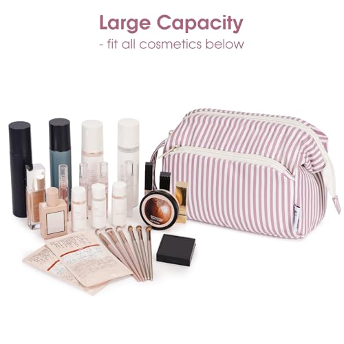 Narwey Striped Makeup Bag Women Wide-open Make up Bag Travel Cosmetic Bag Organizer Toiletry Bag for Cosmetics Toiletries Accessories (Dusty Rose Stripe) - color: ZY-Dusty Rose Stripe