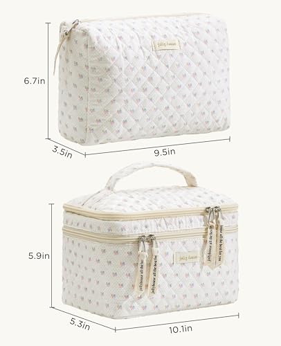 HBselect 2Pcs Travel Makeup Bag, Large Cotton Quilted Makeup Bag Cosmetic Bag Cute Make up Bag Toiletry Bags for Women Girls - color: 2PCS-FLOWER