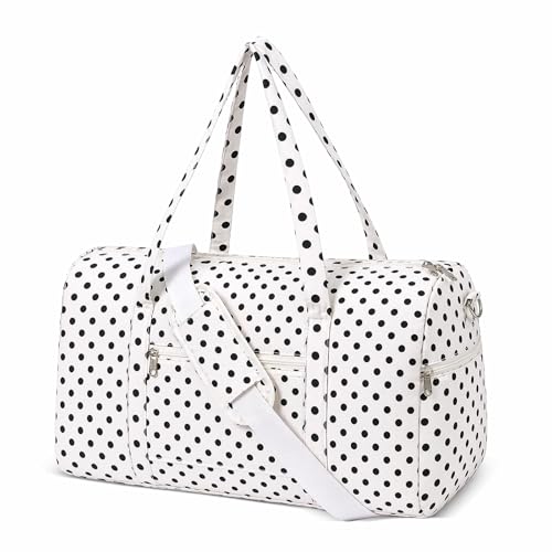 Gym Bag for Women, Cute Duffle Bag, Quilted Duffle Bag for Travel, Floral Duffle Bags, Weekend Bag with Zipper Pocket Dance Bag Organizer - color: A-Polka Dots-White