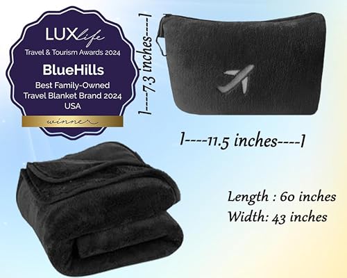 BlueHills Travel Blanket Pillow in Mini Soft Packable Case Premium Plush Airplane Blanket in Portable Compact Pack with Luggage Belt and Carabiner Long Flight Throw Essentials Lightweight- Black M05 - color: Black-m05