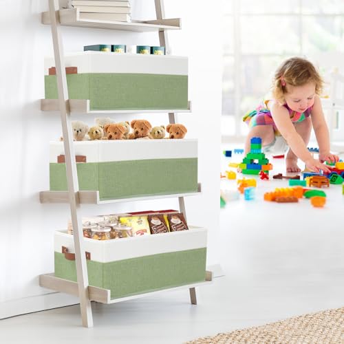 3 Pack Large Capacity Storage Bins Closet Organizer for Shelves, Fabric Closet Storage Baskets Boxes with Leather Handles for Organizing Clothes, Sheets, Jeans, Toys, Books (Green) - style: 3 Pack Green & White