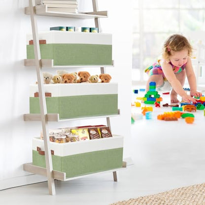 3 Pack Large Capacity Storage Bins Closet Organizer for Shelves, Fabric Closet Storage Baskets Boxes with Leather Handles for Organizing Clothes, Sheets, Jeans, Toys, Books (Green) - style: 3 Pack Green & White
