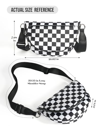 Crescent Bag for Women and Men, Fashion Medium Nylon Folding Crescent Moon Bag Single Shoulder Bag with Adjustable Strap - color: Crossbody bag- Black White Checkered
