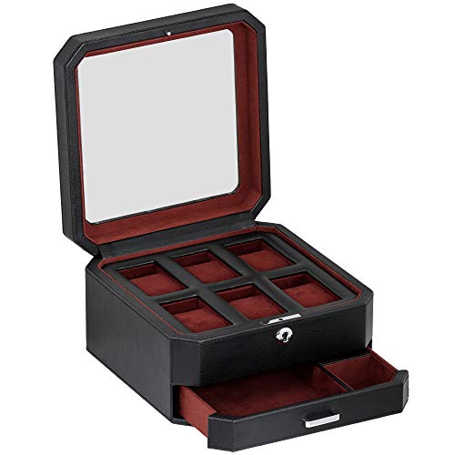 ROTHWELL 6 Slot Leather Watch Box with Valet Drawer - Luxury Watch Case Display Organizer, Microsuede Liner, Locking Mens Jewelry Watches Holder, Men's Storage Boxes Holder Large Glass Top (Black/Red) - color: 6 Slot - Black / Red