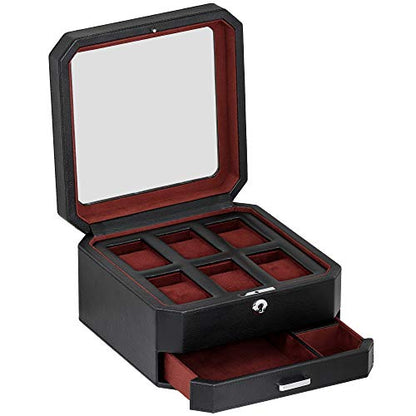 ROTHWELL 6 Slot Leather Watch Box with Valet Drawer - Luxury Watch Case Display Organizer, Microsuede Liner, Locking Mens Jewelry Watches Holder, Men's Storage Boxes Holder Large Glass Top (Black/Red) - color: 6 Slot - Black / Red