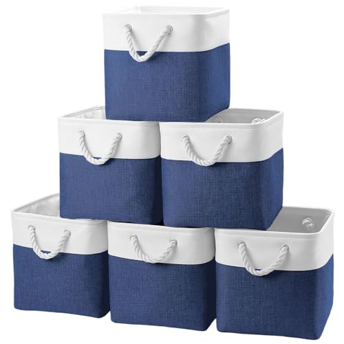 Fabric Storage Cubes 13 x 13, Collapsible Storage Bins for Shelf Baskets, Cube Storage Organizer White Navy Bins with Cotton Handles,Foldable Storage Bin box,Cube Storage Bin 6 Pack - color: white navy
