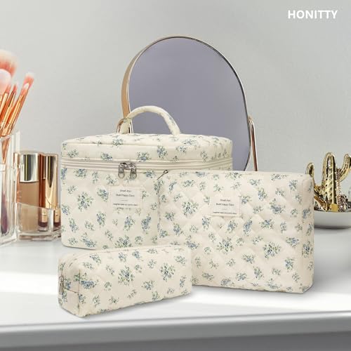 honitty Makeup Bag,Quilted Cosmetic Bags,Large Floral Make Up Organize bag,Makeup Bag Set for Women,Flower Travel Toiletry Bag - color: Blue flower