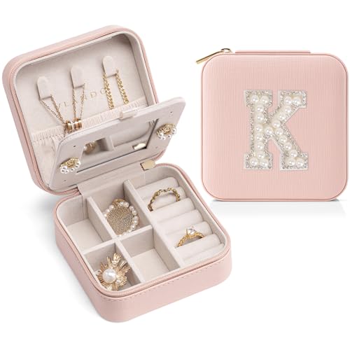 VLANDO Birthday Gifts for Women Friendship, Personalized Initial Jewelry Box, Friendship Gifts for Women Friends, Travel Essentials Small Jewelry Box, Travel Box for Girls - Letter K, Pink - color: Pink, size: K