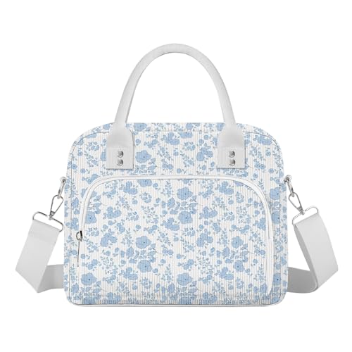 Lunch Bag Large Insulated Lunch Box for Women Men Adult Cute Blue Floral Lunchbox Corduroy Lunch Bags Boxes Pail with Shoulder Strap for Work Mom Picnic Office Travel 11.4×6.8×9.1 inches 11.5L - color: Blue Floral