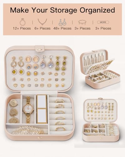 VLANDO Travel Jewelry Case, PU Leather Travel Jewelry Box with Earring Holder, Portable Display Mini Jewelry Case for Mothers Day Women Girls Gift - Nude Pink - color: G.Nude Pink
