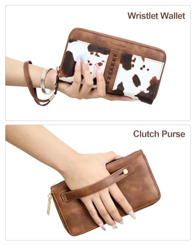 BOSTANTEN Wallets for Women Leather RFID Double Zipper Around Credit Card Holder Large Capacity Wristlet Clutch Wallet - color: Brown Cow Print