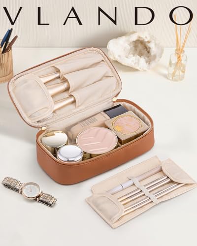 Vlando Travel Makeup Bag,Small Makeup Bag for Women,Gifts for Women Girls, Makeup Pouch Purse Travel Essentials Toiletries-Brown - color: 01-Brown