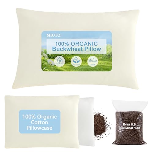 MIOTO Organic Buckwheat Pillow for Sleeping with Dual-Layer Pillowcase and Extra Tartary Buckwheat Hulls, Adjust Height and Firmness, Neck Support Pillow for Back and Side Sleepers(14"x20", Off White) - color: Off White, size: 14"x20"