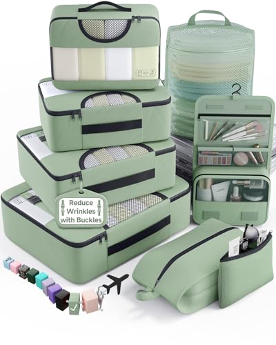 Veken 8 Set Packing Cubes for Travel Essentials,Anti-Wrinkle Buckled Suitcase Organizer for Shoe & Toiletry Bag,Carry On Luggage Bag for Airplane & College Dorm Room Accessories,Women Men Gifts - color: 09 Matcha Green