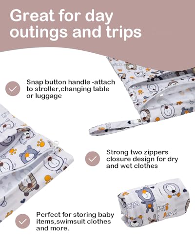 ALVA ALVABABY 3pcs Cloth Diaper Wet Dry Bags Waterproof Reusable with Two Zippered Pockets Travel Beach Pool Daycare Soiled Baby Items Yoga Gym Bag for Swimsuits or Wet Clothes 3L-SML11 - color: Toy bear