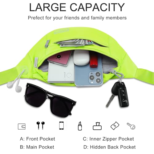 MAXTOP Large Crossbody Fanny Pack with 4-Zipper Pockets,Gifts for Enjoy Sports Festival Workout Traveling Running Casual Hands-Free Wallets Waist Pack Phone Bag Carrying All Phones - color: Neno Green, style: Large Fanny Pack(4 Zipper Pockets)