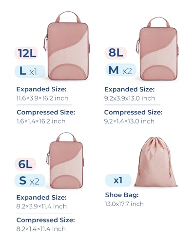 BAGSMART Compression Packing Cubes - 6 Set Travel Packing Cubes for Suitcases, Compression Suitcase Organizers with Shoe Bag - color: 04-Brier Rose