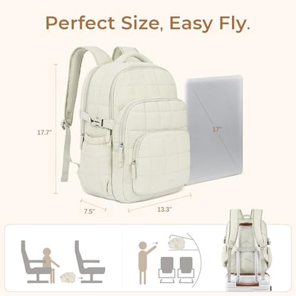 CLUCI 17.3 Inch Laptop Backpack for Women, Anti Theft Travel Backpack, Puffer Quilted Work Backpack, Water Resistant College Bookbag, Carry on backpack with RFID (Beige) - color: White