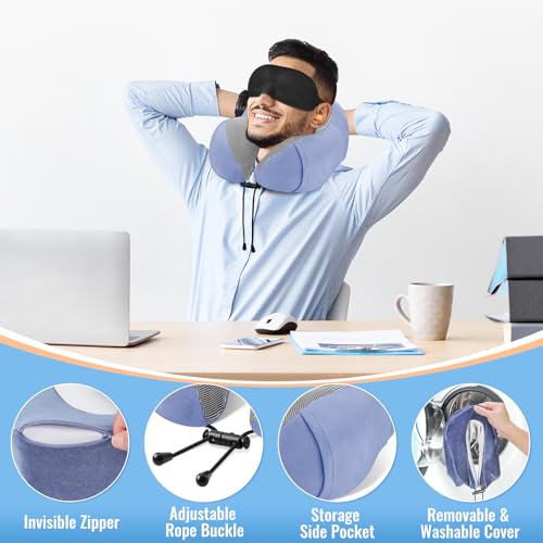 CloudBliss Travel Pillow for Airplane, Memory Foam Neck Pillow for Travel, Compact Flight Pillow with Eye Mask, Earplugs, Carry Bag, Travel Neck Pillow for Long Flight Sleep, Plane Accessories, Blue - color: Blue