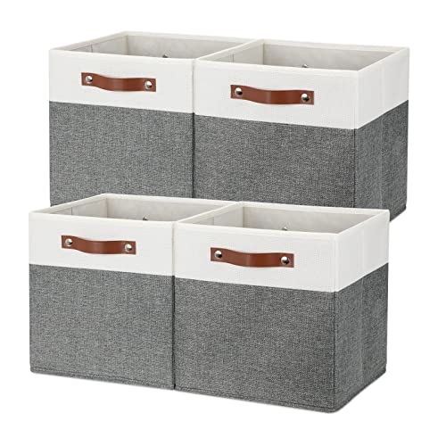 Temary Storage Cubes 12x12 Fabric Cube Storage Bins Foldable Storage Baskets with Handles, Decorative Storage Boxes for Organizing, Home, Office, Nursery, Shelf, Closet (White & Grey, 12 x 12 x 12) - color: White&Grey, size: 12×12×12