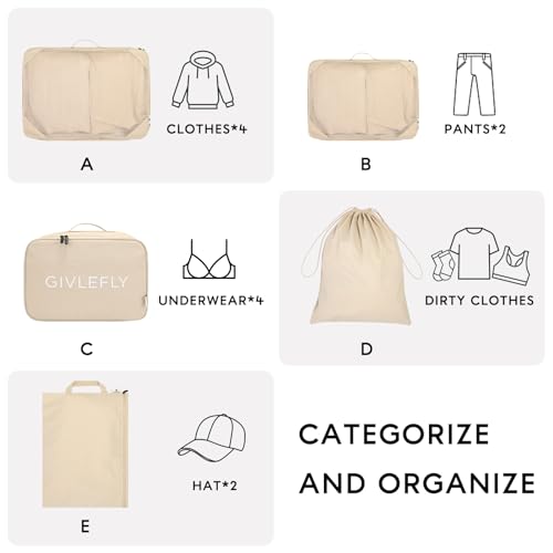 GIVLEFLY Compression Packing Cubes for Travel, 6-Piece Lightweight Luggage Organizer Bags, Space Saving Suitcase Packing Set for Women - color: Beige