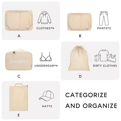 GIVLEFLY Compression Packing Cubes for Travel, 6-Piece Lightweight Luggage Organizer Bags, Space Saving Suitcase Packing Set for Women - color: Beige