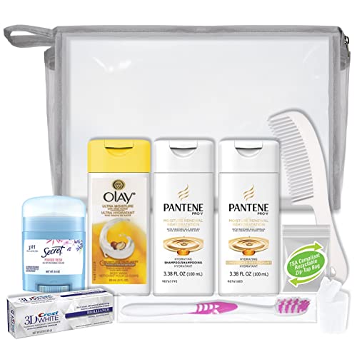 Convenience Kits International Women's 10-Piece Deluxe Kit with Travel Size TSA Compliant Essentials, Featuring: Pantene Hair Products in Reusable Toiletry Bag - Clear color - size: Quart, style: Olay Kit